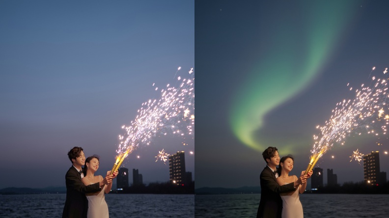 夜景极光光影氛围 · 效果对比