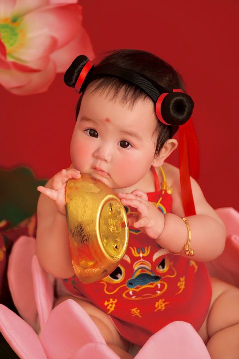 儿童年画娃娃写真AI追色推荐 红色年画布景、传统服饰和儿童新年写真画面