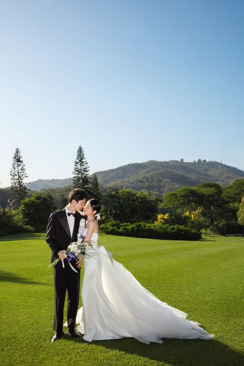 草坪婚纱照AI追色推荐：自然光白纱调色效果 全身裙摆
